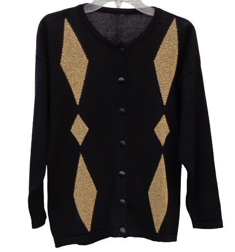 Vtg Black Gold Diamond Argyle Button Cardigan Sweater Merino Wool Italy Sz 44 M