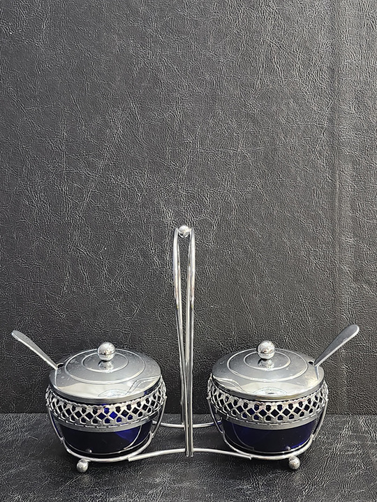 Vintage Cobalt Blue Glass Chrome Plated Condiment Containers Set of Two Made in