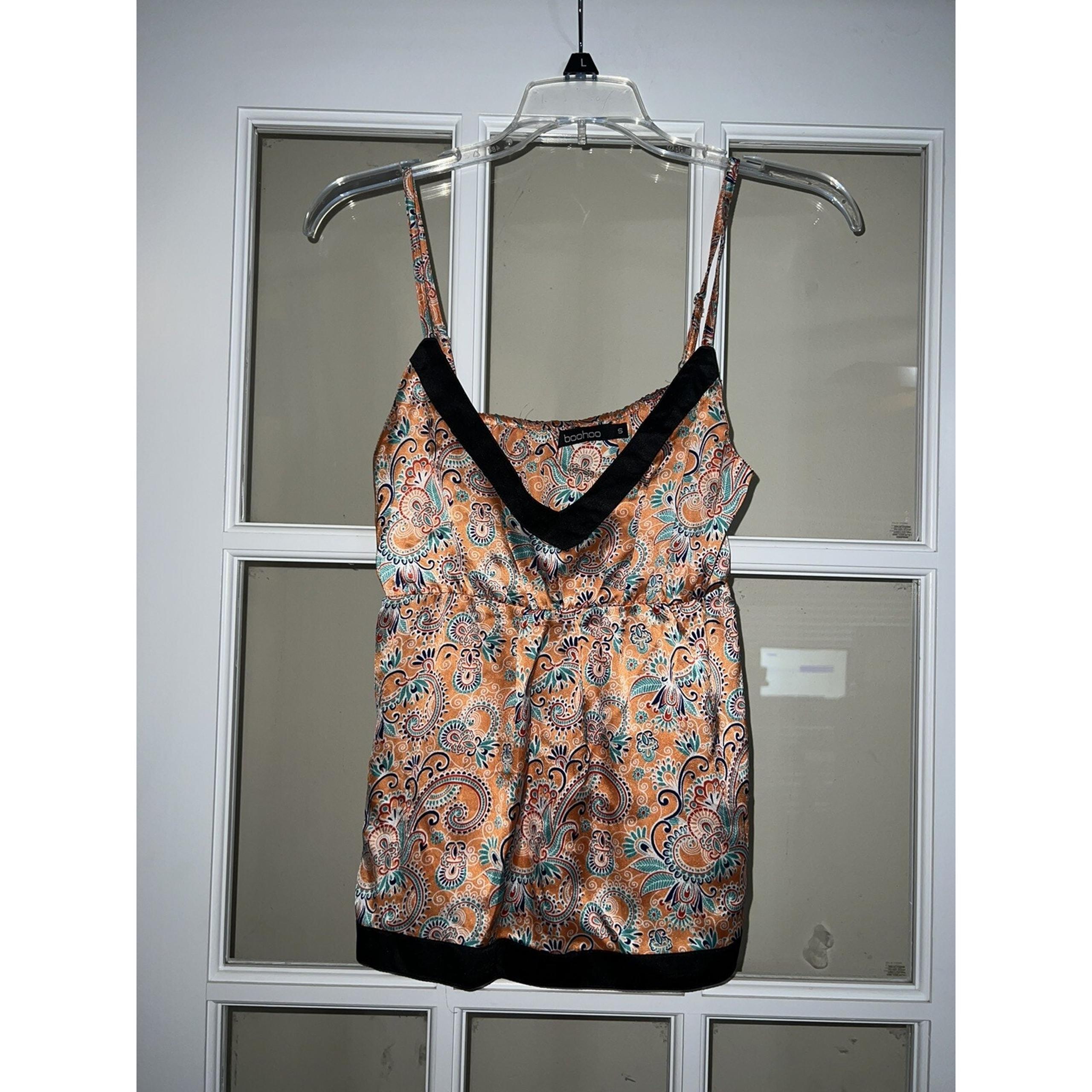 Boohoo womens orange paisley print sleeveless tank womens small y2k babydoll