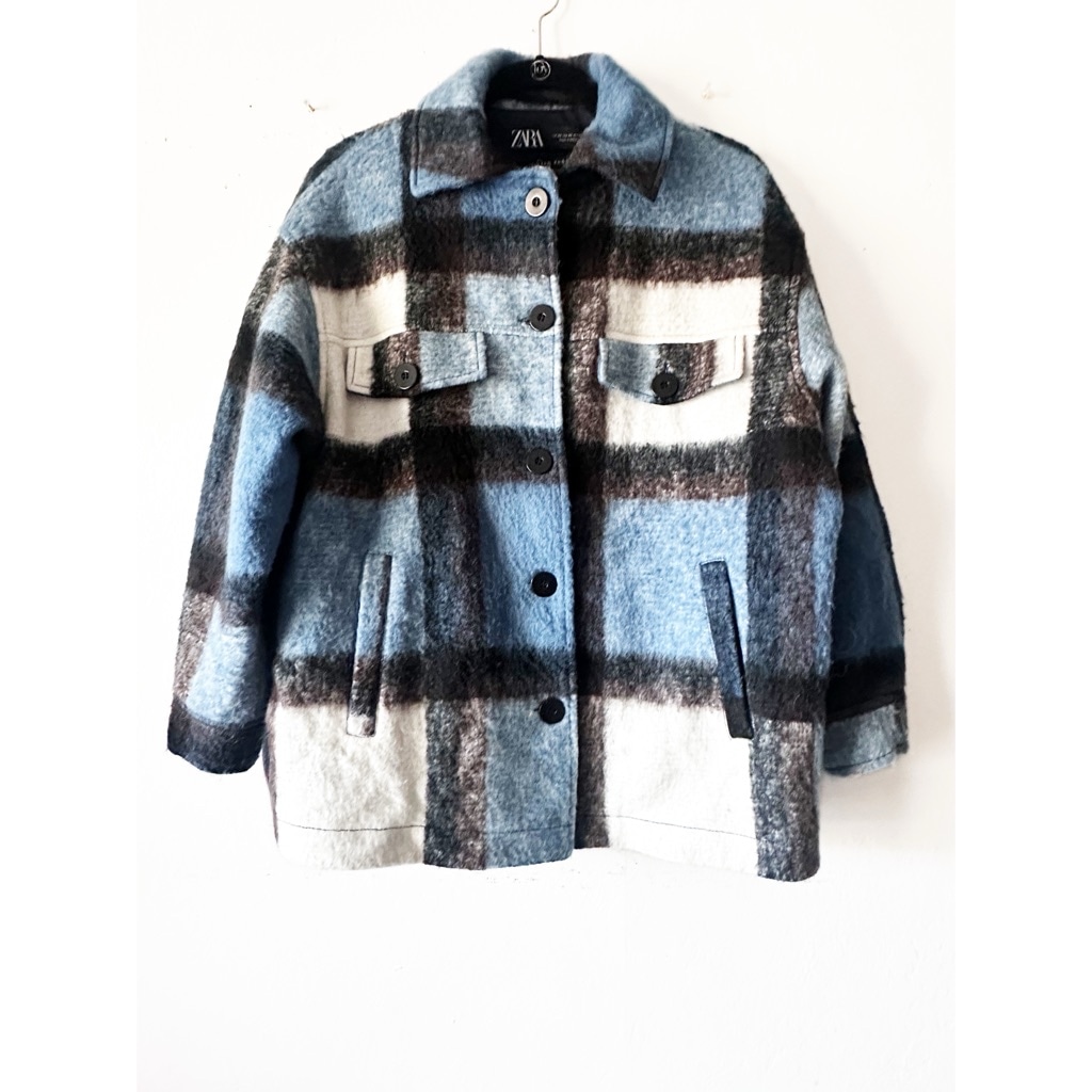Zara Oversized Plaid Wool Pea Coat Women's Size XS Blue and