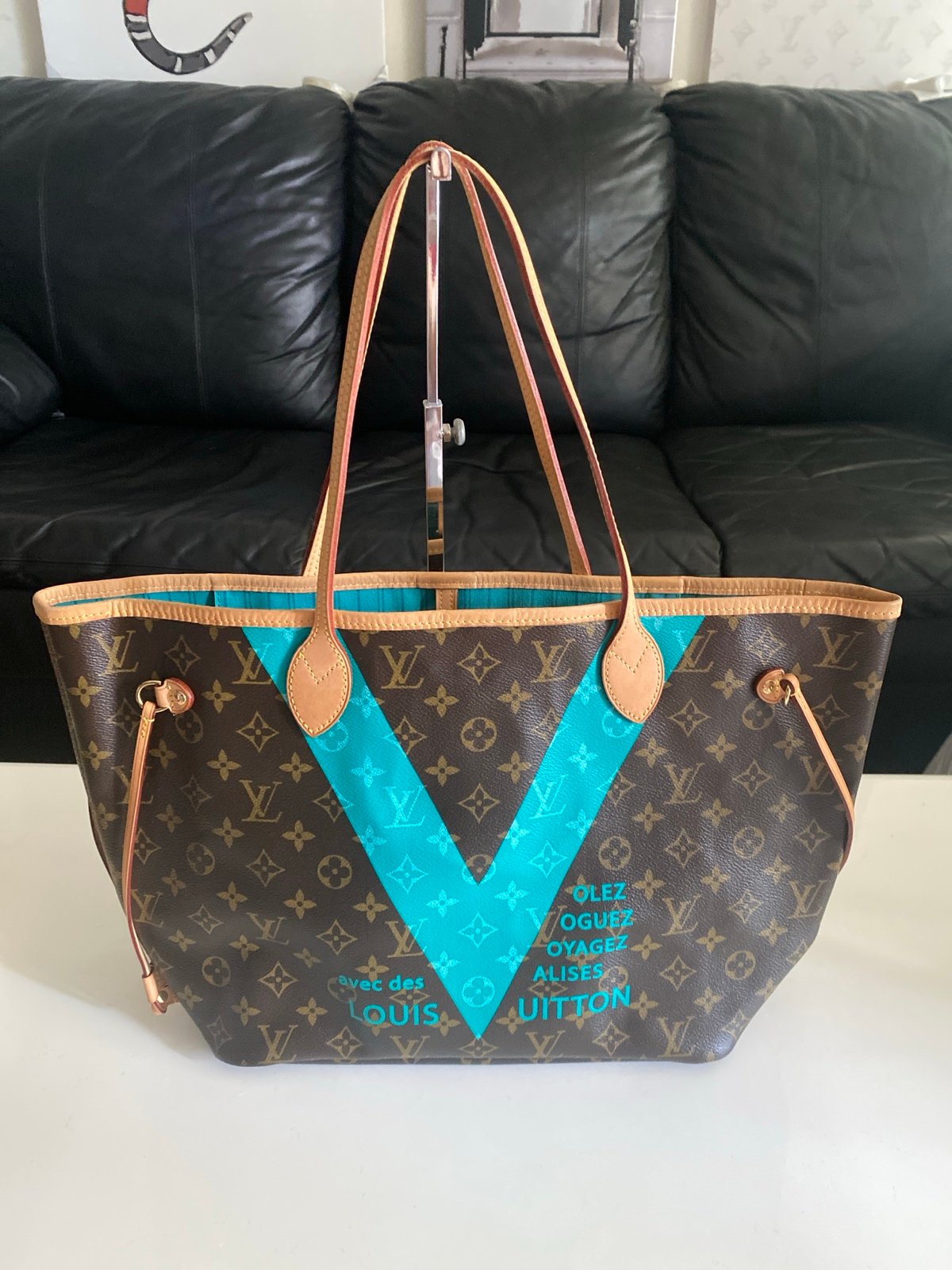 LOUIS VUITTON Neverfull MM V Monogram canvas Tote Bag Turquoise Green!!!