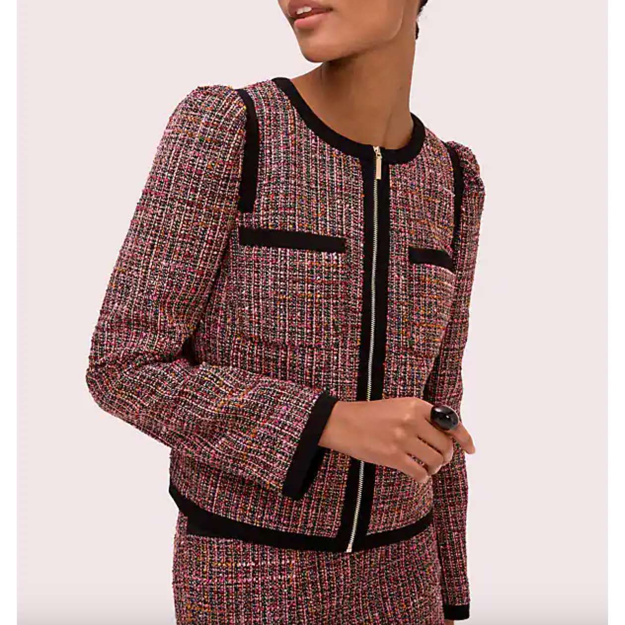 Kate Spade Pink Black Puff Shoulder Zip Front Tweed Blazer Jacket Size 0 NEW