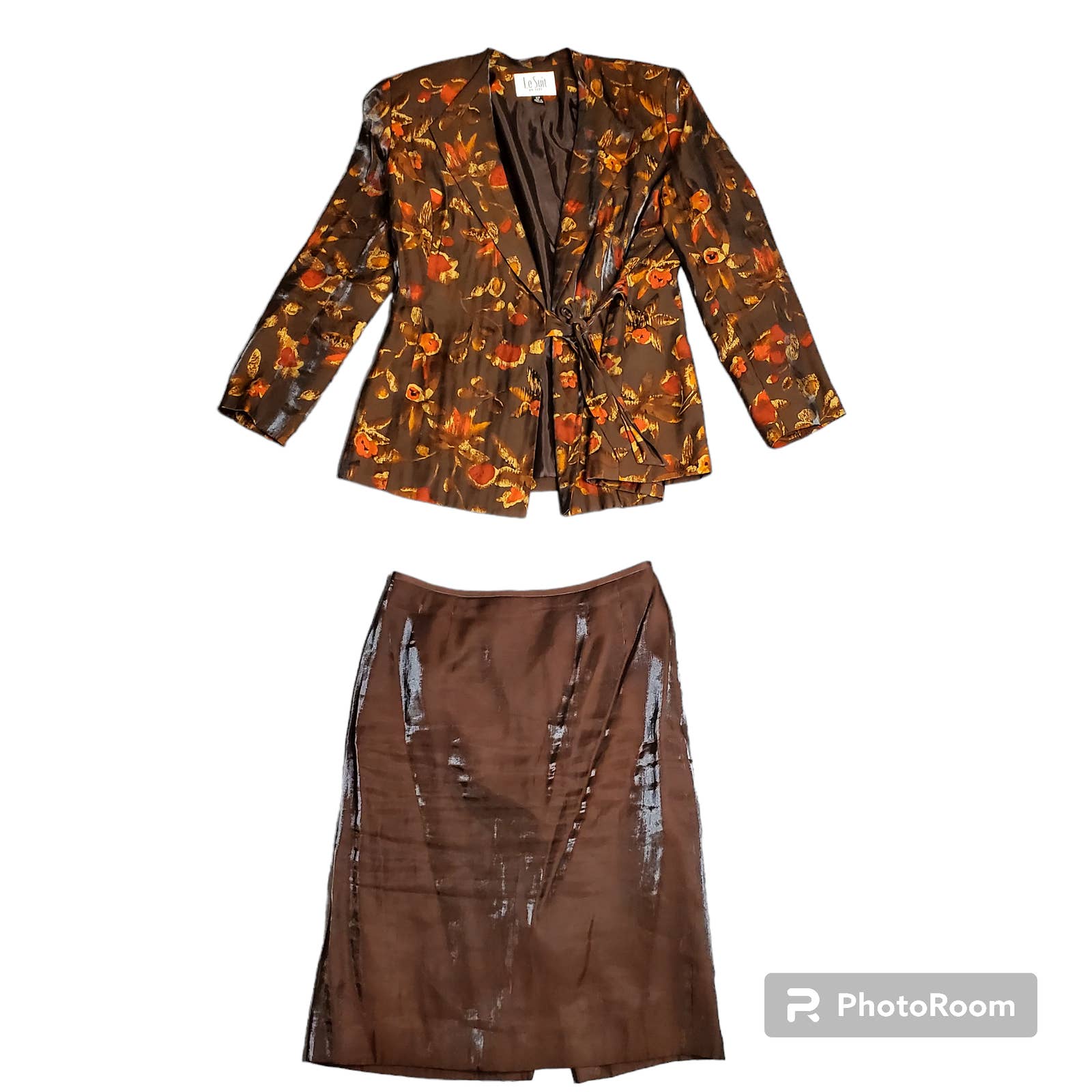 Le Suit Petite Brown Leaf Print 2-Piece Set