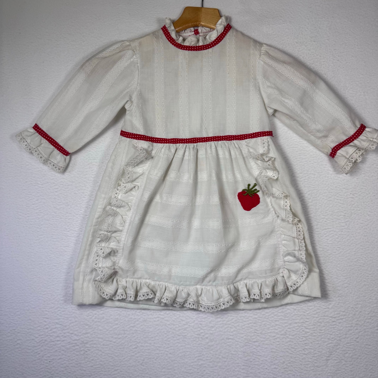 VTG 80 Pinafore Apron Toddler Dress Cotton Blend Red White Strawberry Cottage 4T