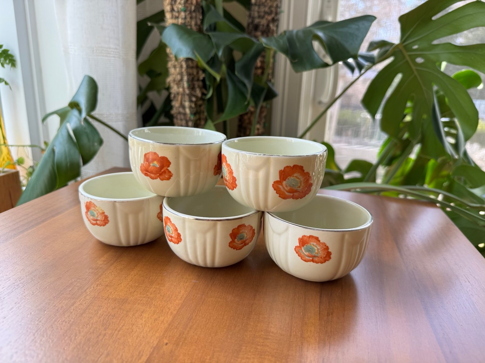 Vintage Hall's Superior Orange Poppy Radiance Tea Bowls - Set of 5