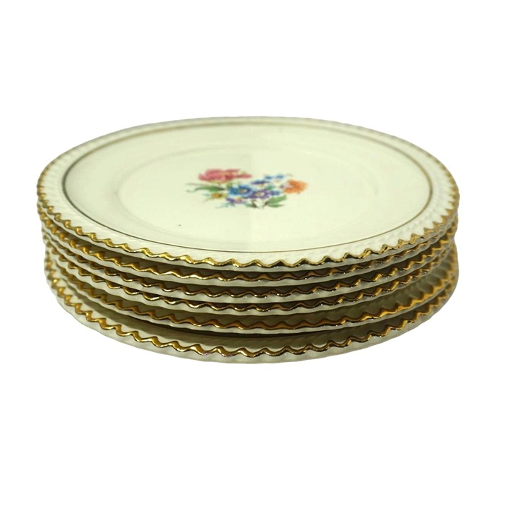 Vintage Charm: Set of Six Harker Pottery Co. Floral Plates 22Kt Gold Trim USA 6