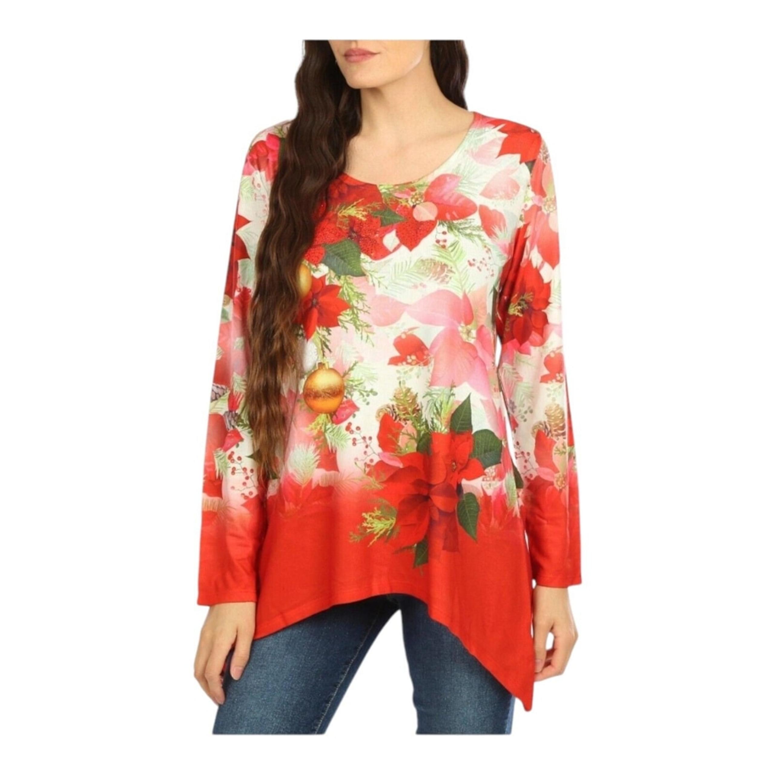 One World Poinsettia Garden Knit Tunic 1X Asymmetrical Hem Holiday