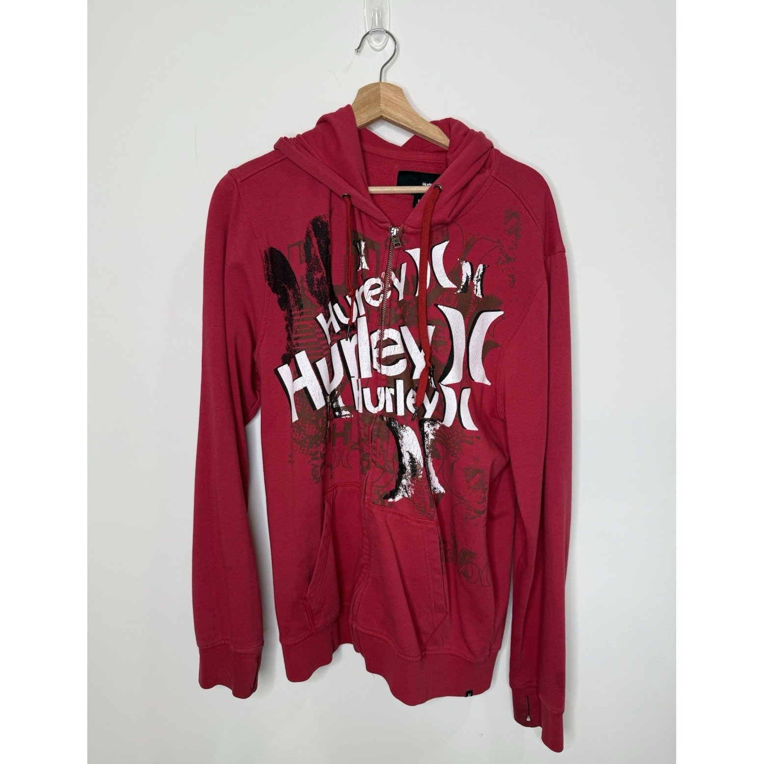 VTG Y2K Hurley Hoodie Men Large Red Full Zip Logo Sweater Thumbhole Cyber Skater
