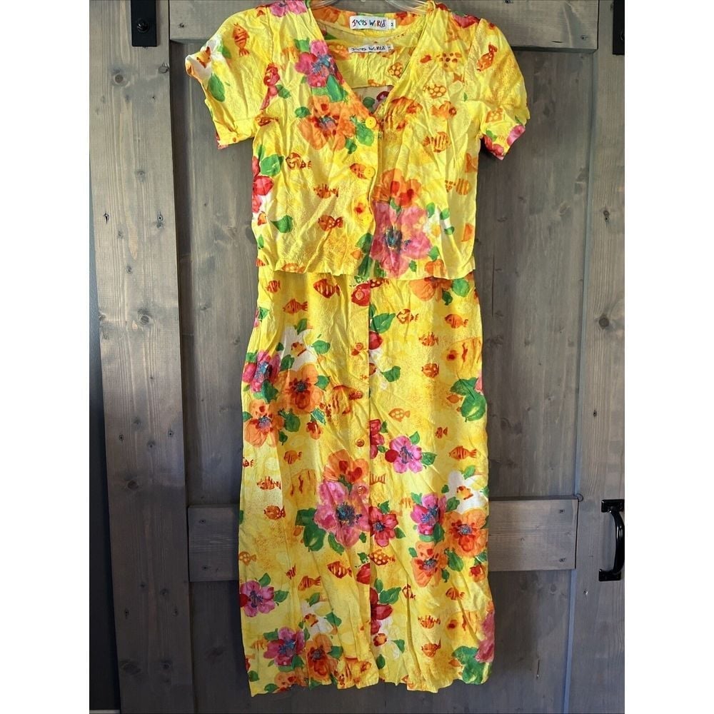 Vintage Jams World Dress Hawaiian Yellow Floral Fish Dress w/ Crop Shirt Sz. Med