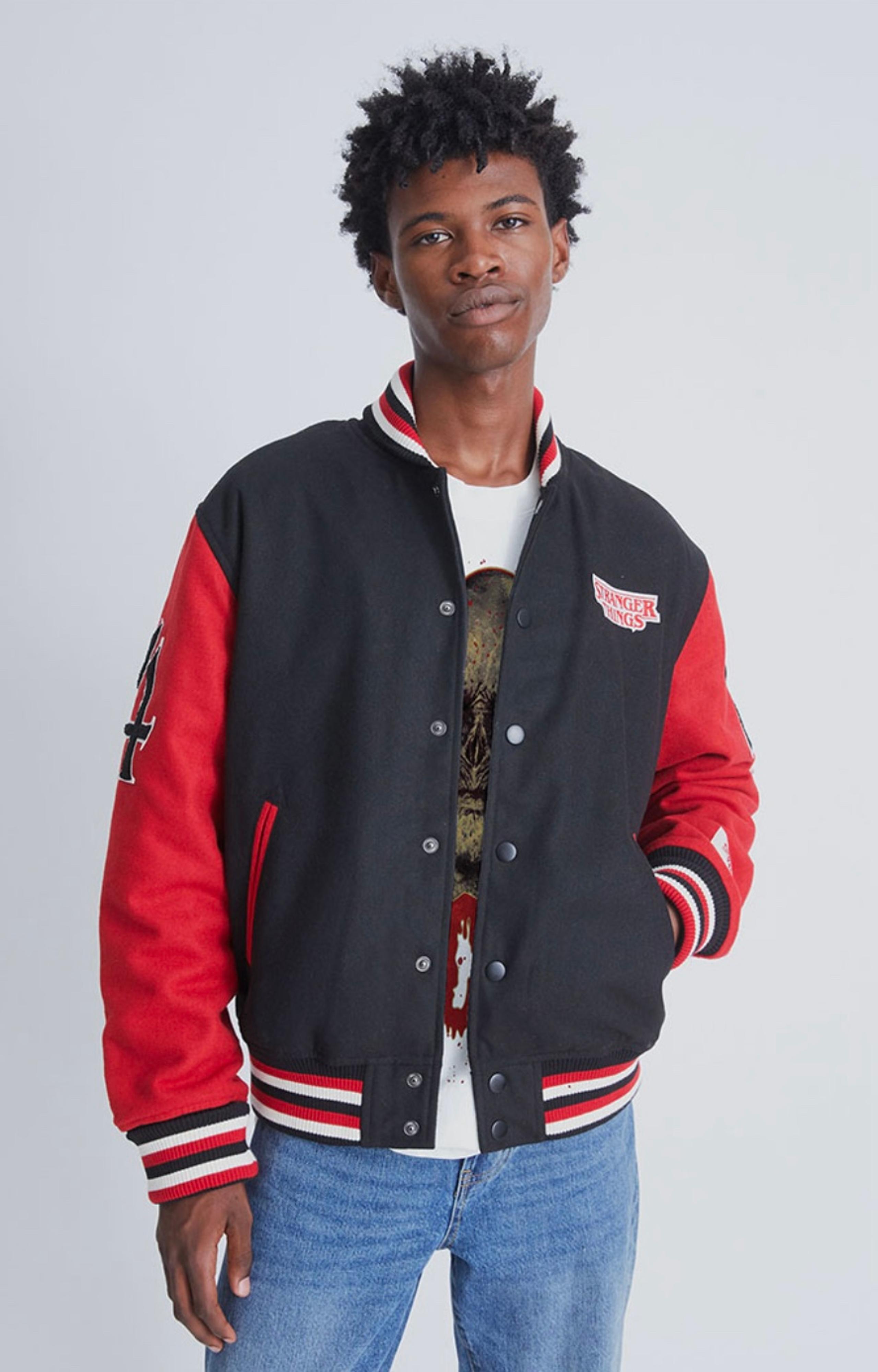 Stranger Things. Hawkins Red/black Varsity Jacket. Logo. Cuffed. Pockets. Snaps