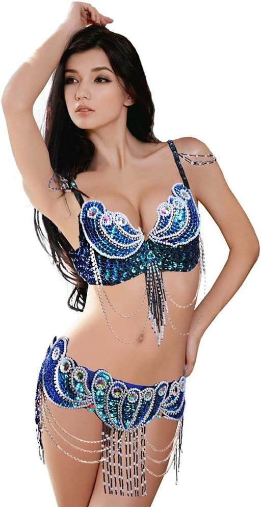 Dance Costume for Women- Tribal Bra and Belt Set with Sequins and Beads