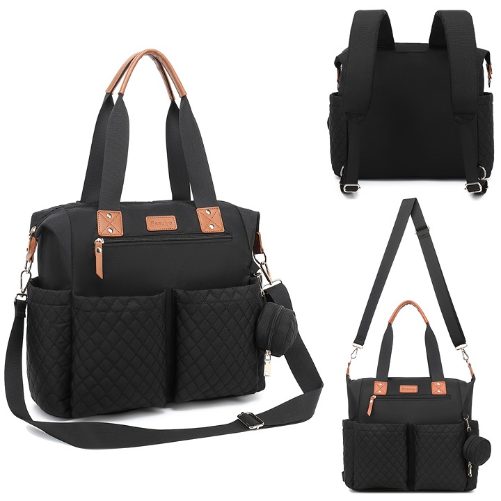 1pc Faux Leather Diaper Backpack Black Diaper Bag With Changing Pad, dawe