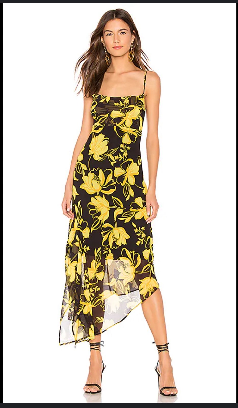 C/MEO On and Off Black and Yellow Floral Print Asymmetrical Midi Dress Sz Large
