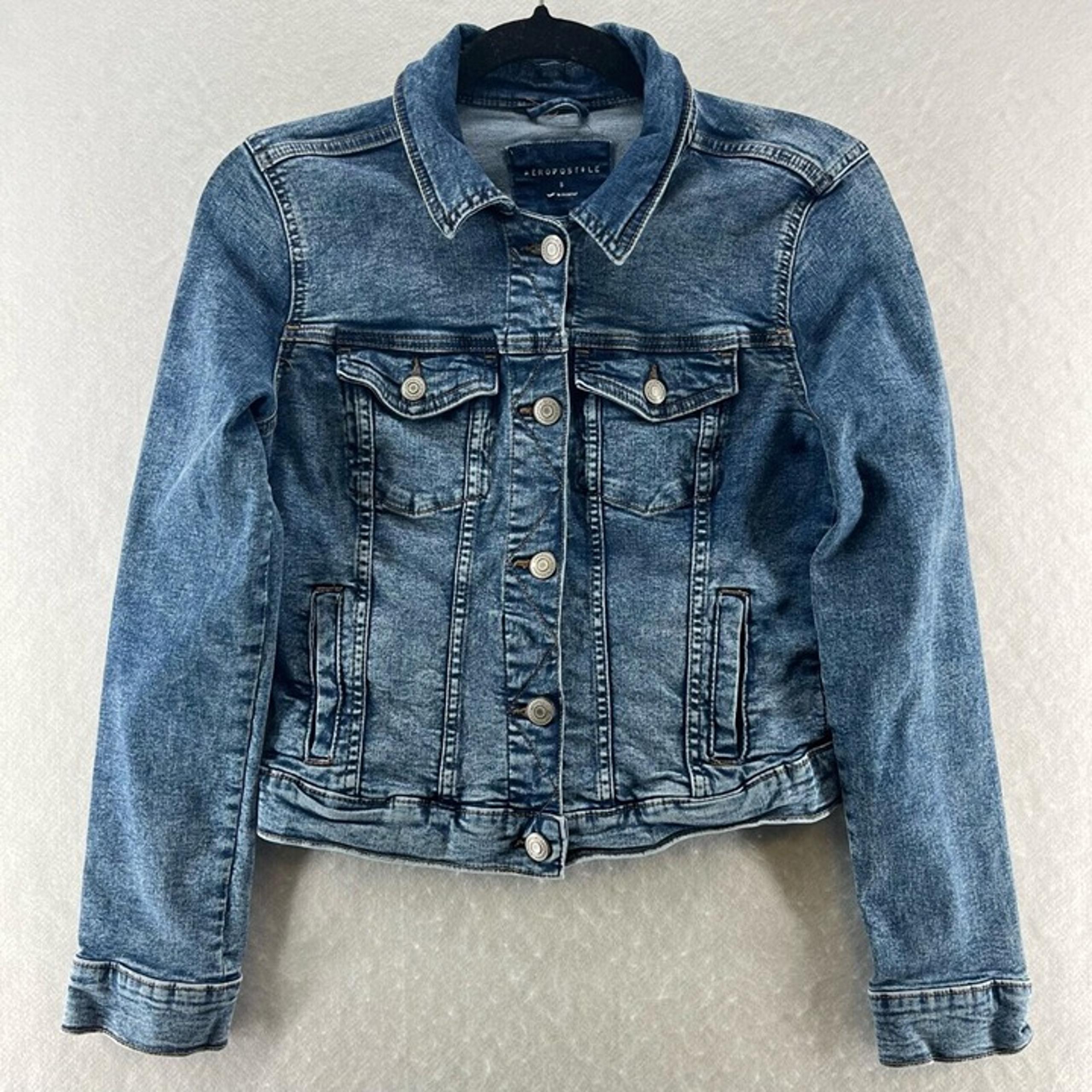 Aeropostale Jacket Womens Sz S Trucker Crop Button Front Long Sleeve Denim Blue - Aéropostale
