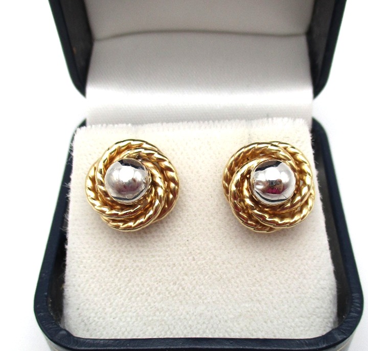 14K Yellow & White Gold Braided Frame Twist Knot Earrings [E349]