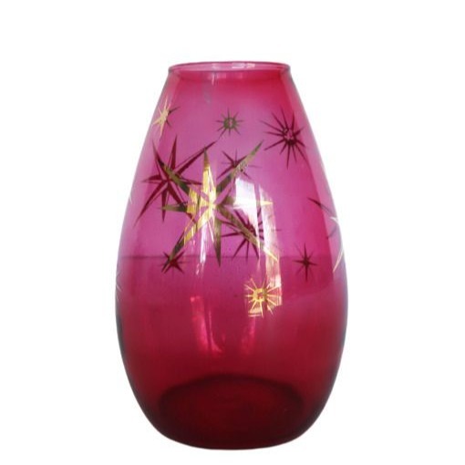 Vintage MCM art glass pink cranberry vase with gold starburst details