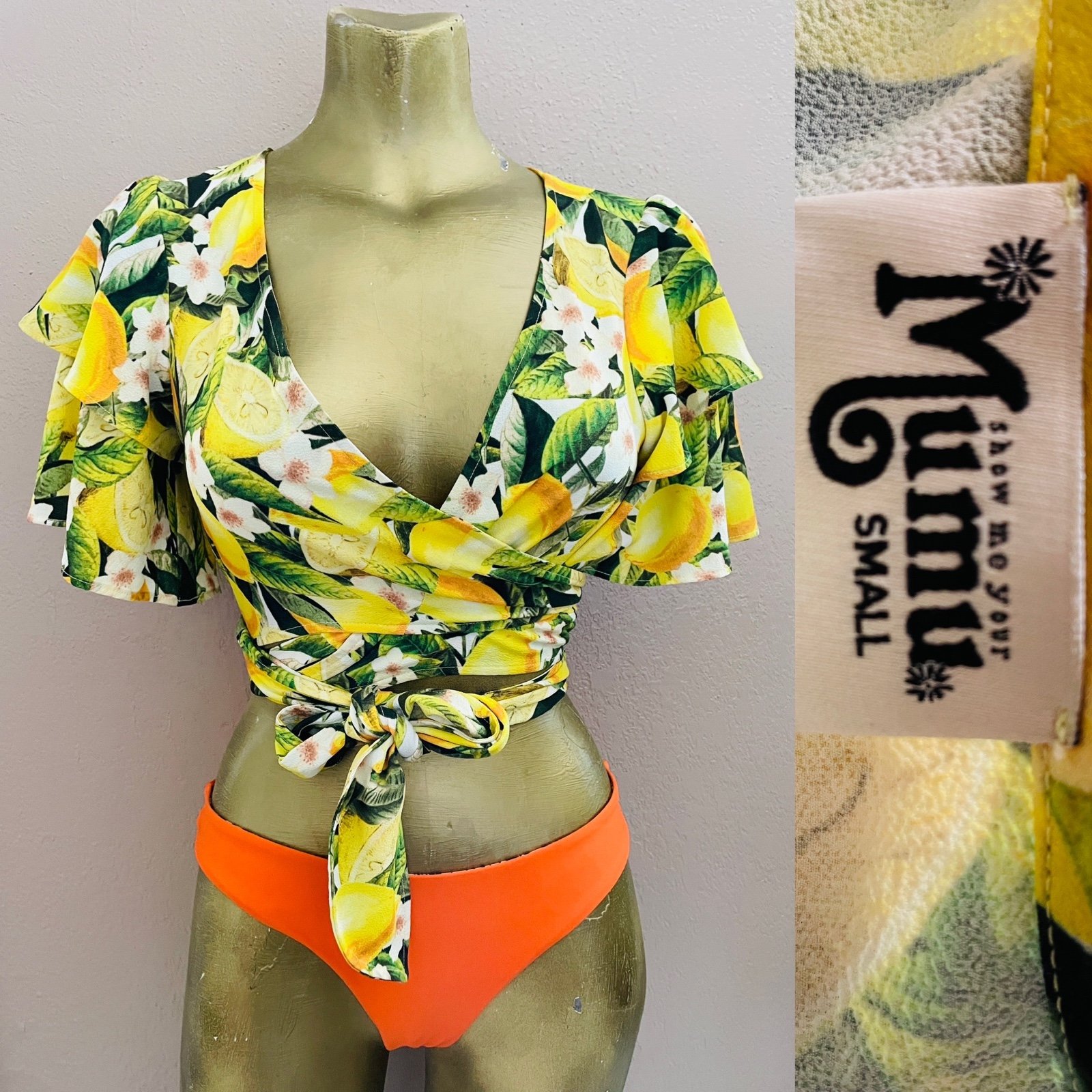 SHOW ME YOUR MuMu NWOT LEMONS Print Wrap Front TOP Small