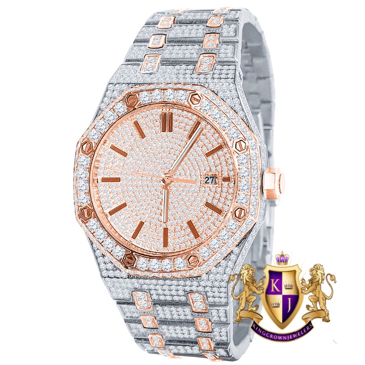 Fully Iced Out Solid Steel 2 Tone Rose Gold Mens Luxury Custom Watch 42mm W/Date