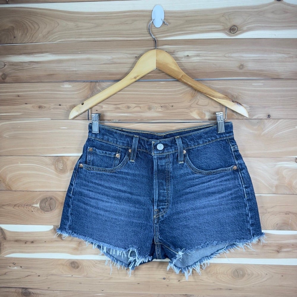 Levi's 501 Denim Shorts Frayed Hem Dark Wash Button Fly Women's W28