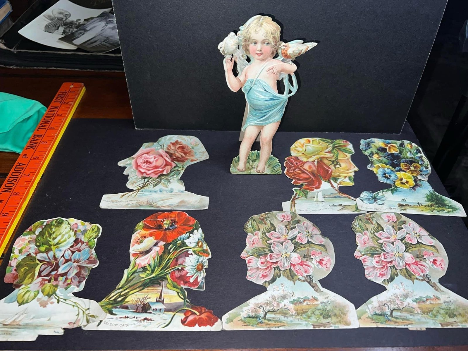 Antique Victorian 7 cut out silhouette shadow picture cards lion coffee trade