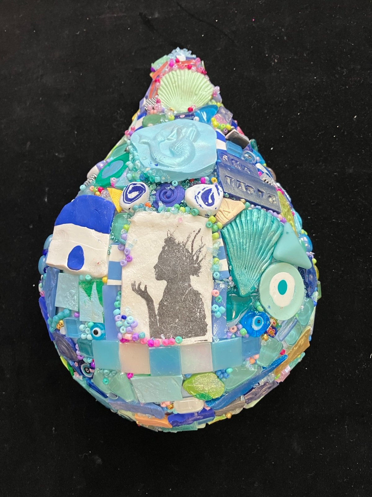 Handmade Mosaic Art “ Mermaids Tear“Polymer Clay /Glass OriginalOOAK 11”x10x3”