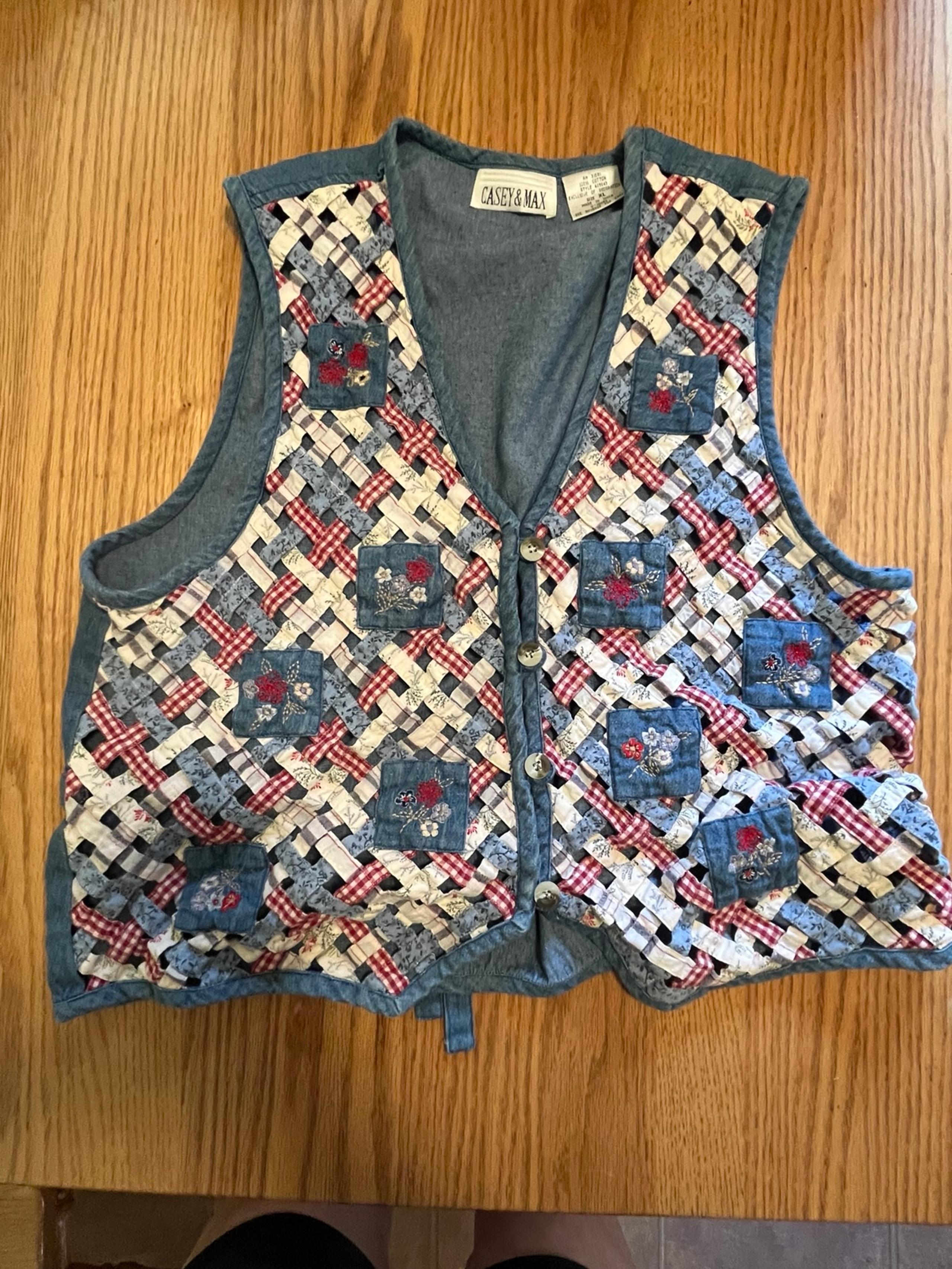 Vtg Casey and Max Denim Latticed Granny Vest Sz XL Cottage Core