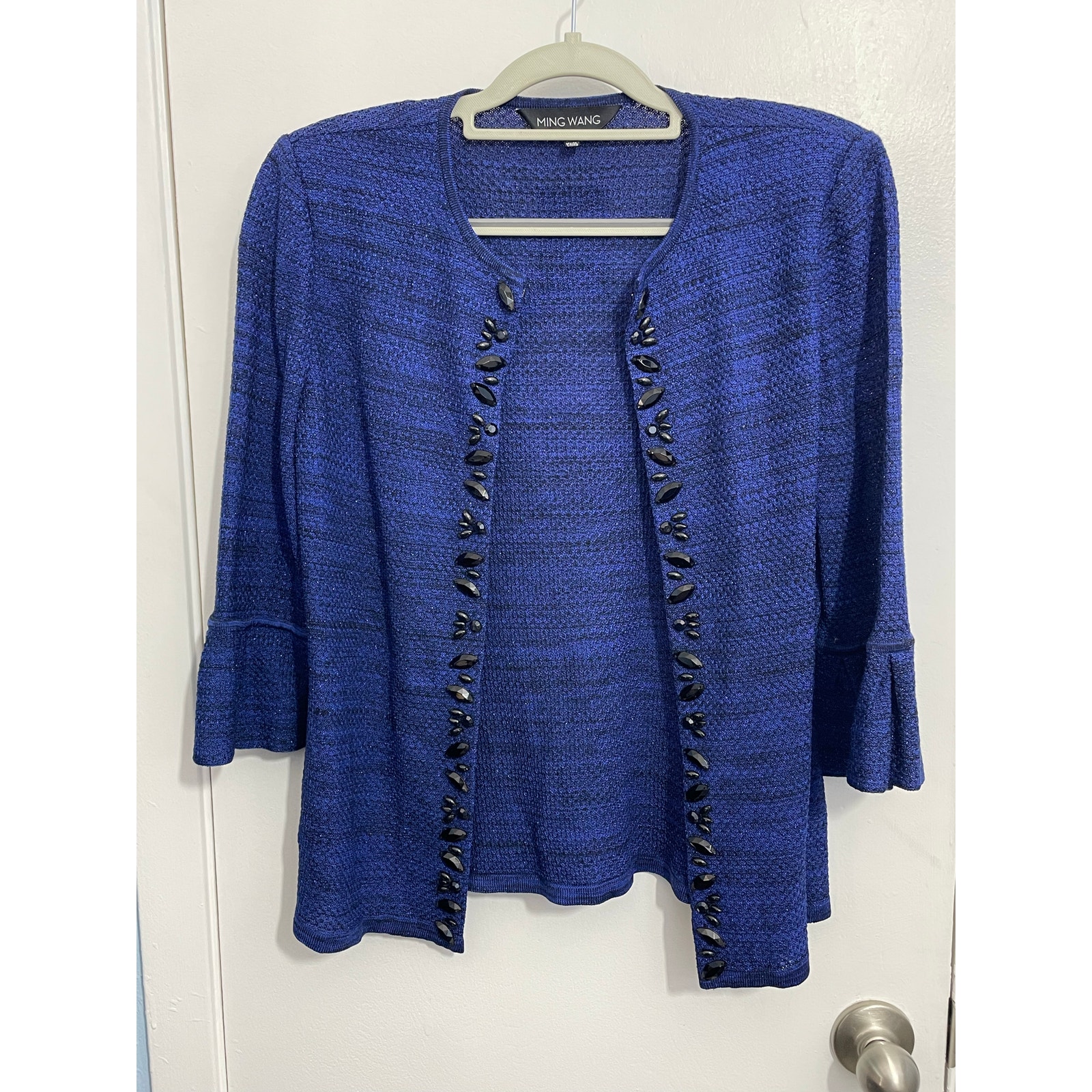 Ming Wang Cardigan Sweater XS Blue Beaded Ruffled Sleeve Academia Preppy NWT