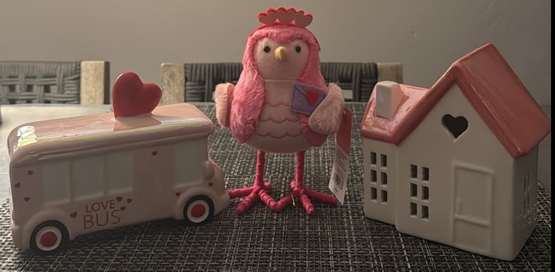 Valentine's Day Target Decor Bundle. Ceramic Pink Bus, Featherly Bird & House.