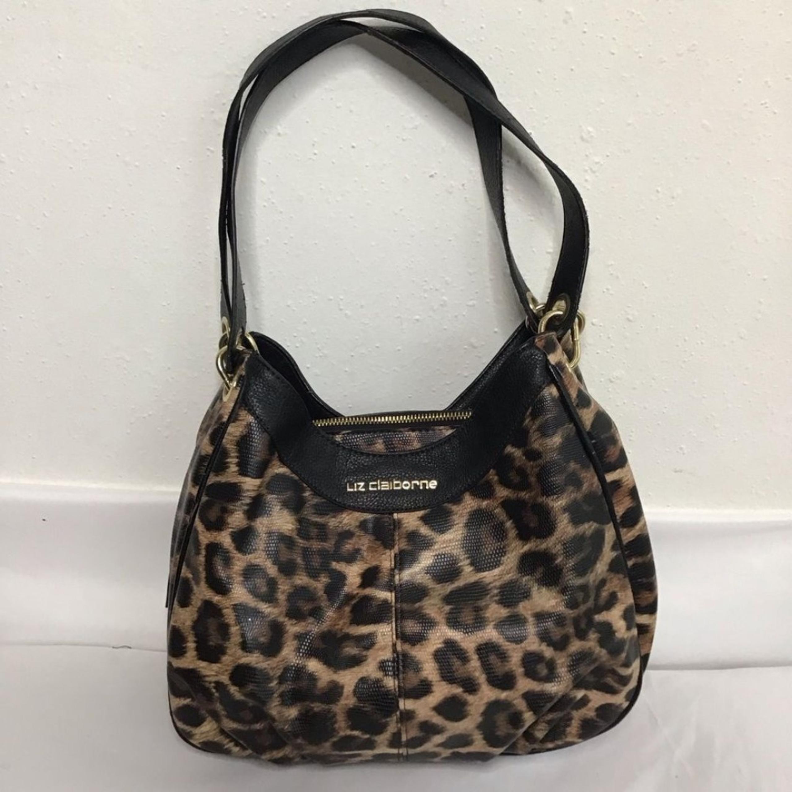 LIZ CLAIBORNE BLACK CREAM TAN ANIMAL PRINT 3 LARGE POUCHES SHOULDER HAND BAG
