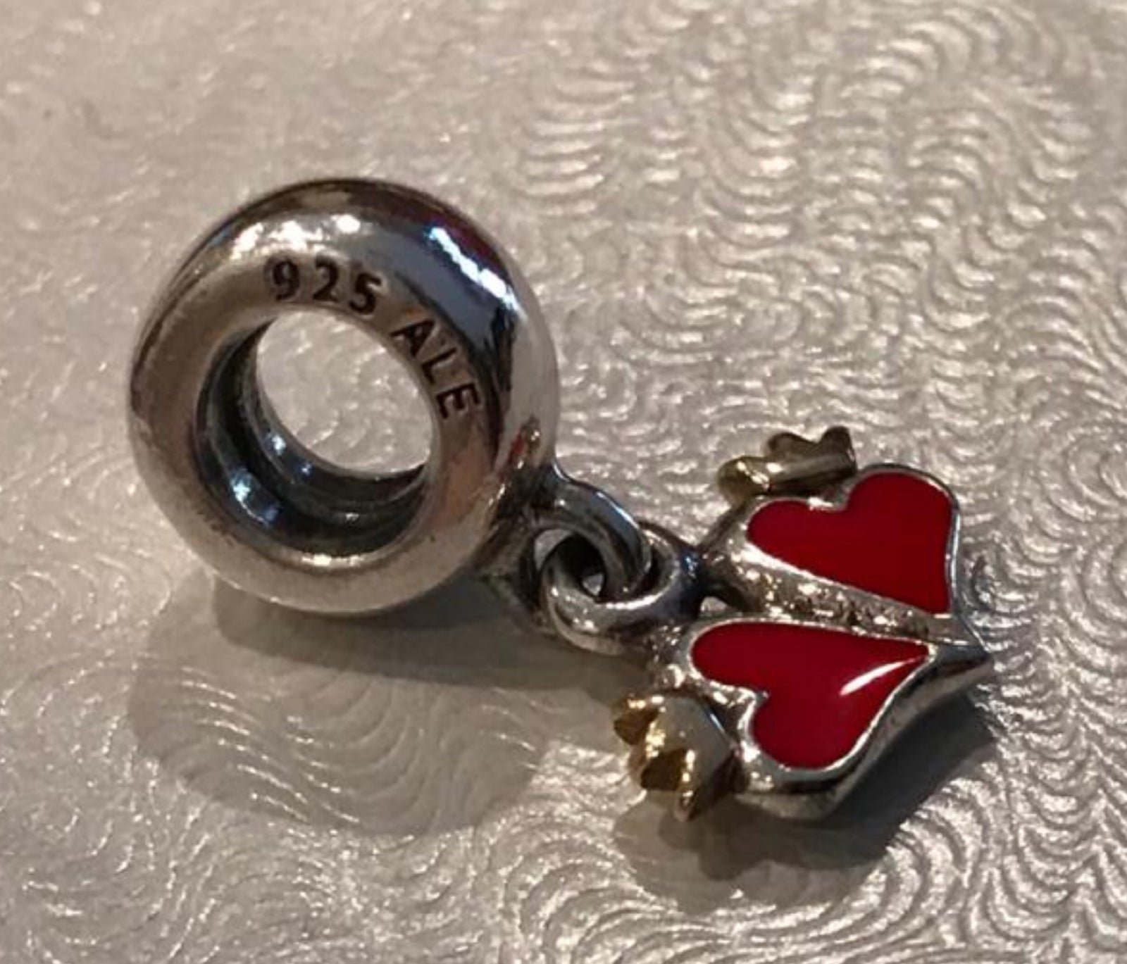 Pandora Retired Dangle Red Hearts 14kt SS Two Tone Excellent