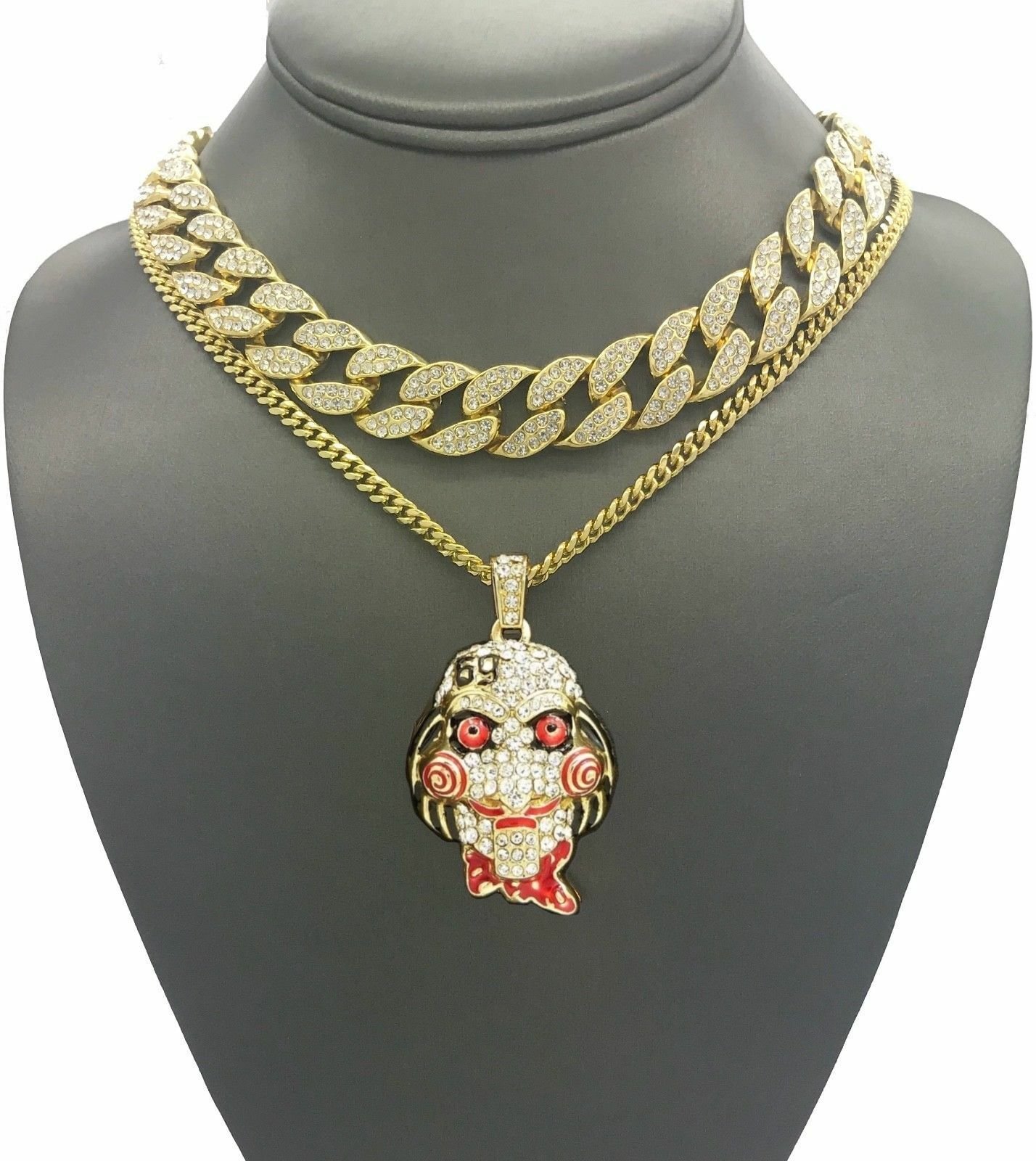 Mens Gold Miami Cuban Choker With Tekashi 69 Saw Pendant 2 Necklace Set