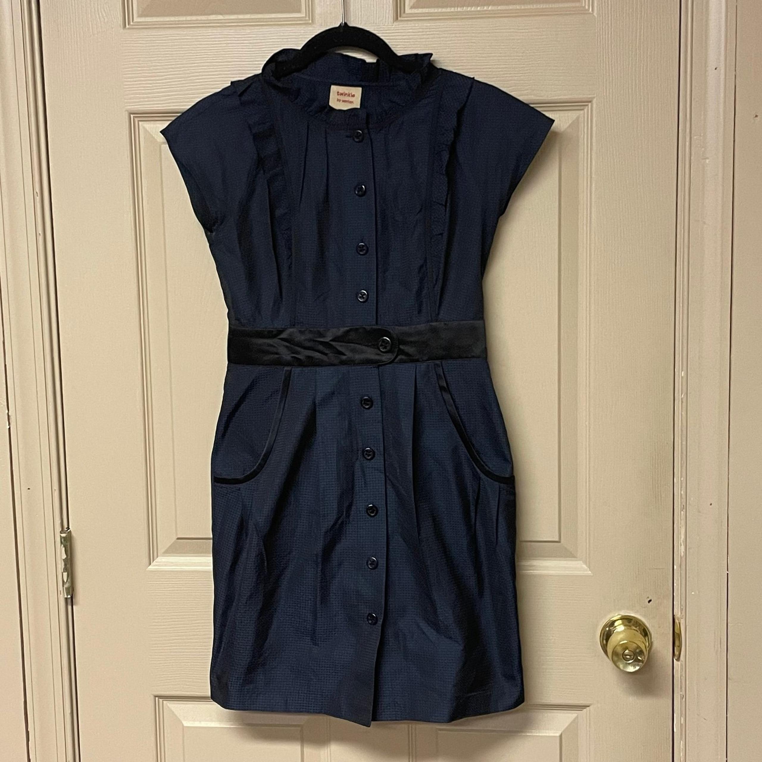 TWINKLE BY WENLAN Blue Short Sleeve Babydoll DRESS Button Contrast Sz 2 Sheath