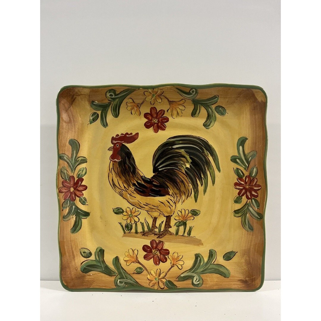 Maxcera Orange Honey Rooster Hand Painted Square Dinner/serving Plate 9”