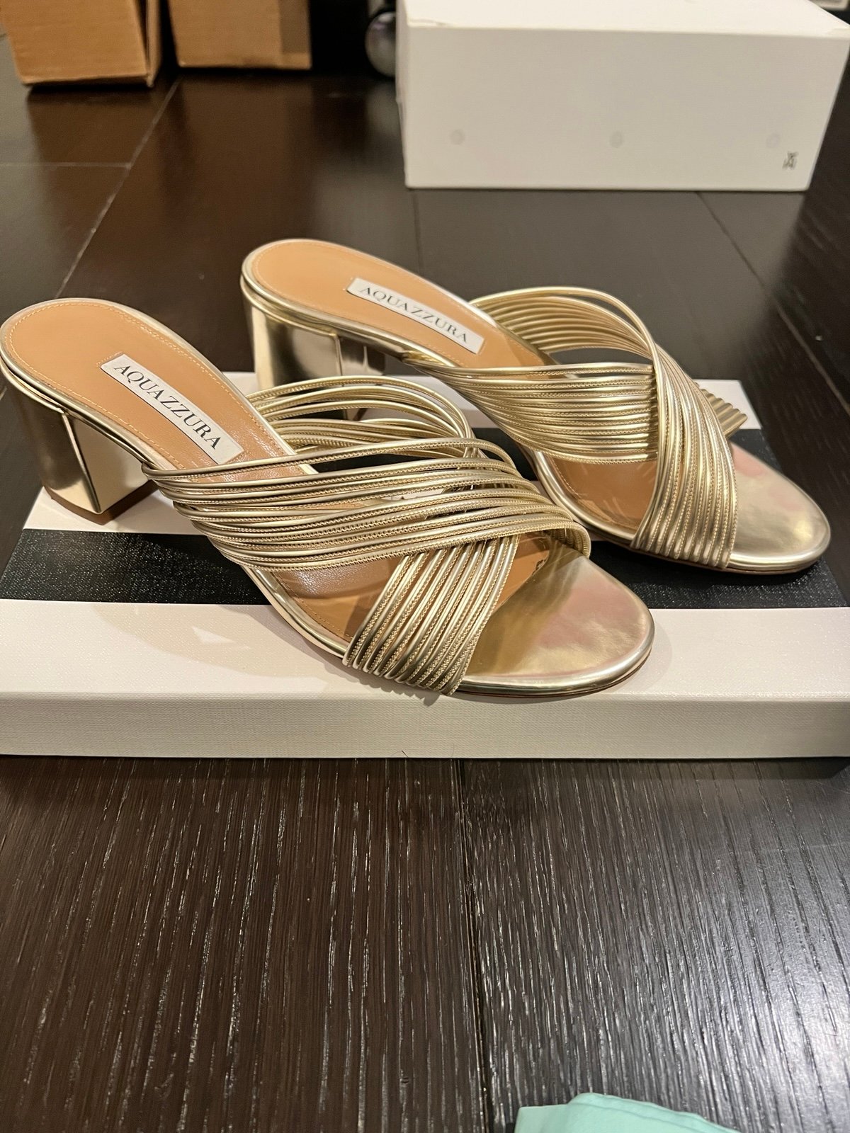 Aquazzura Perugia Gold Leather Slide Sandals Sz. 39 *Like New* MSRP: 575+tax