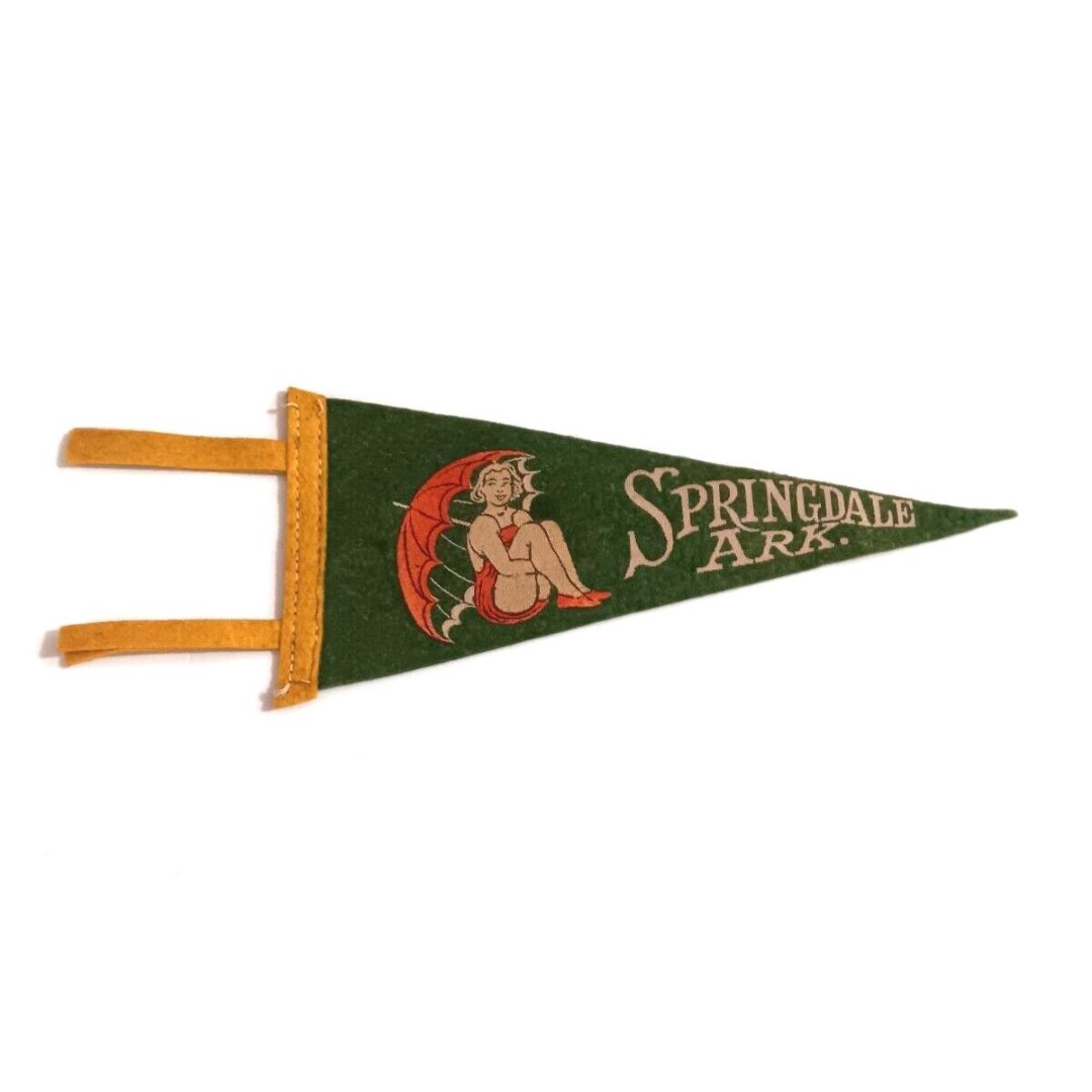 Vintage Springdale Arkansas Felt Pennant Girl In Swim Suit W/ Umbrella