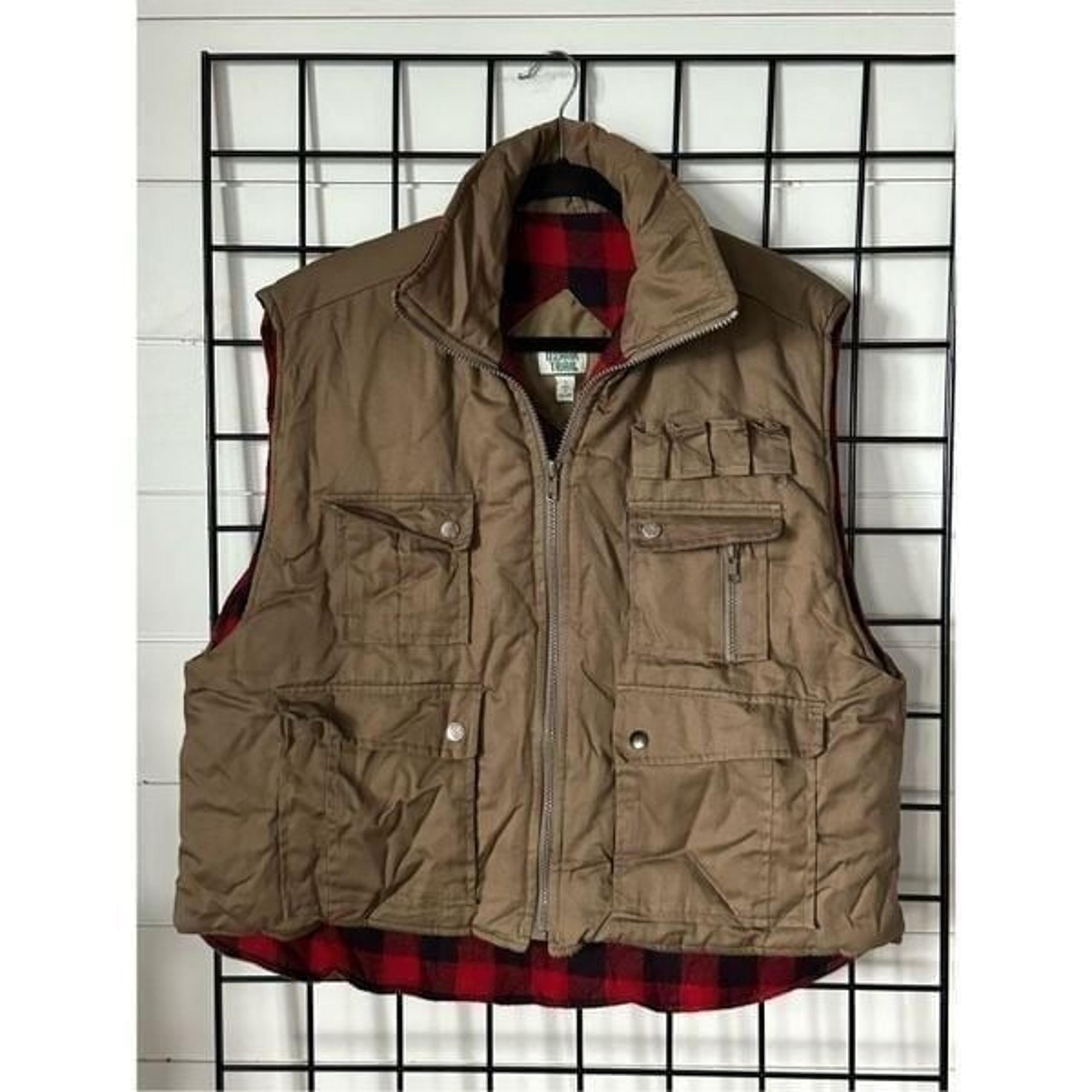 Ozark Trail Vest 90s streetwear Mens Utility Tan Red Black Buffalo Plaid Hunting