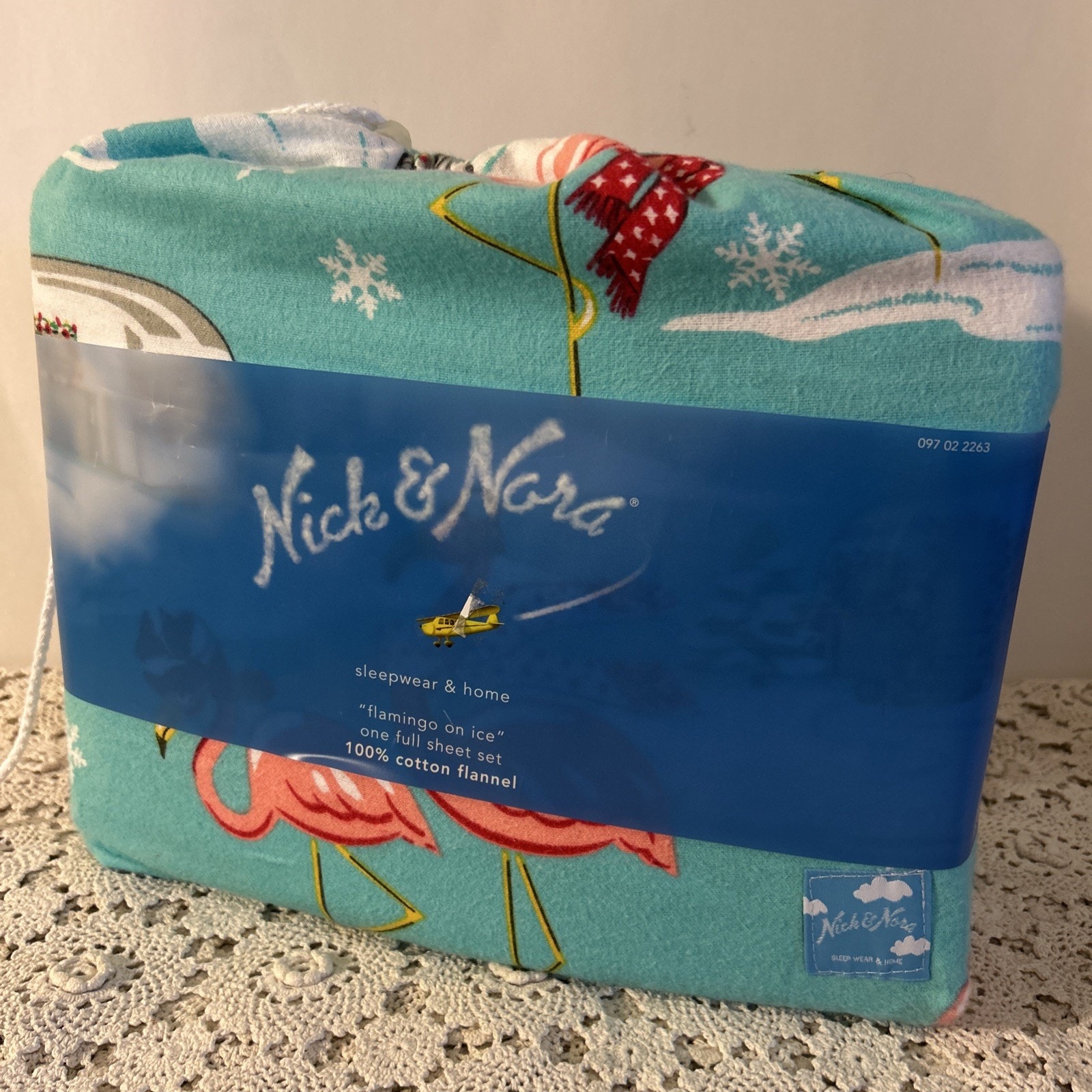 NEW Nick & Nora Flamingo on Ice Airstream Flannel Full Bed Sheet Set Winter