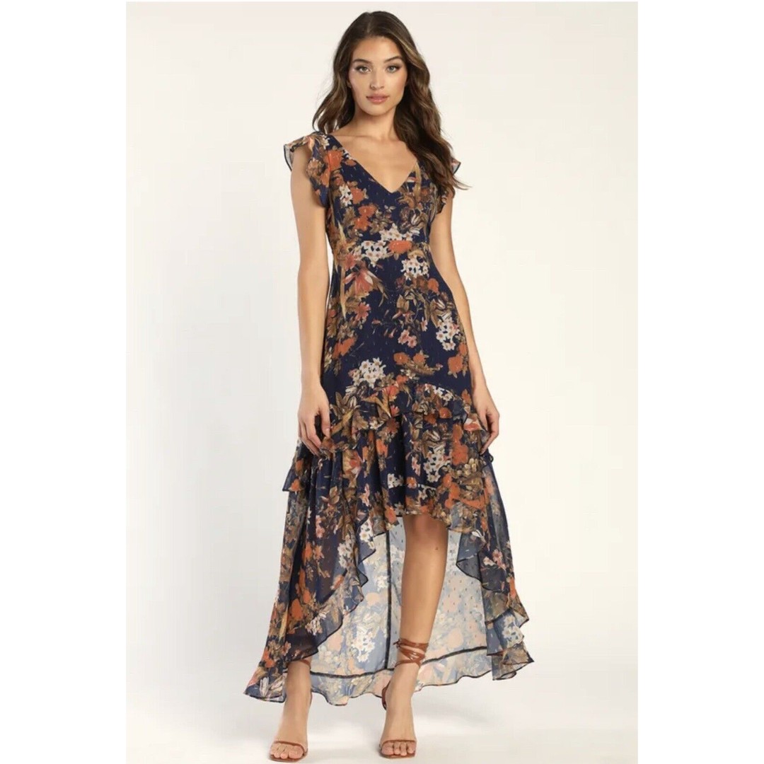Lulus Maxi Dress Womens Navy Blue Stunning Favorite Floral Ruffled High-Low M
