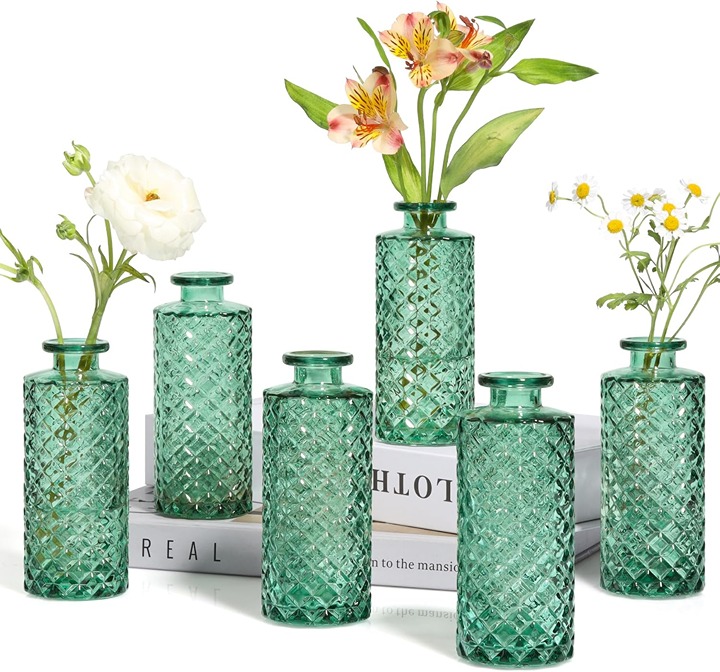 Glass Bud Vases Set of 6, Small Diamond Bud Vases