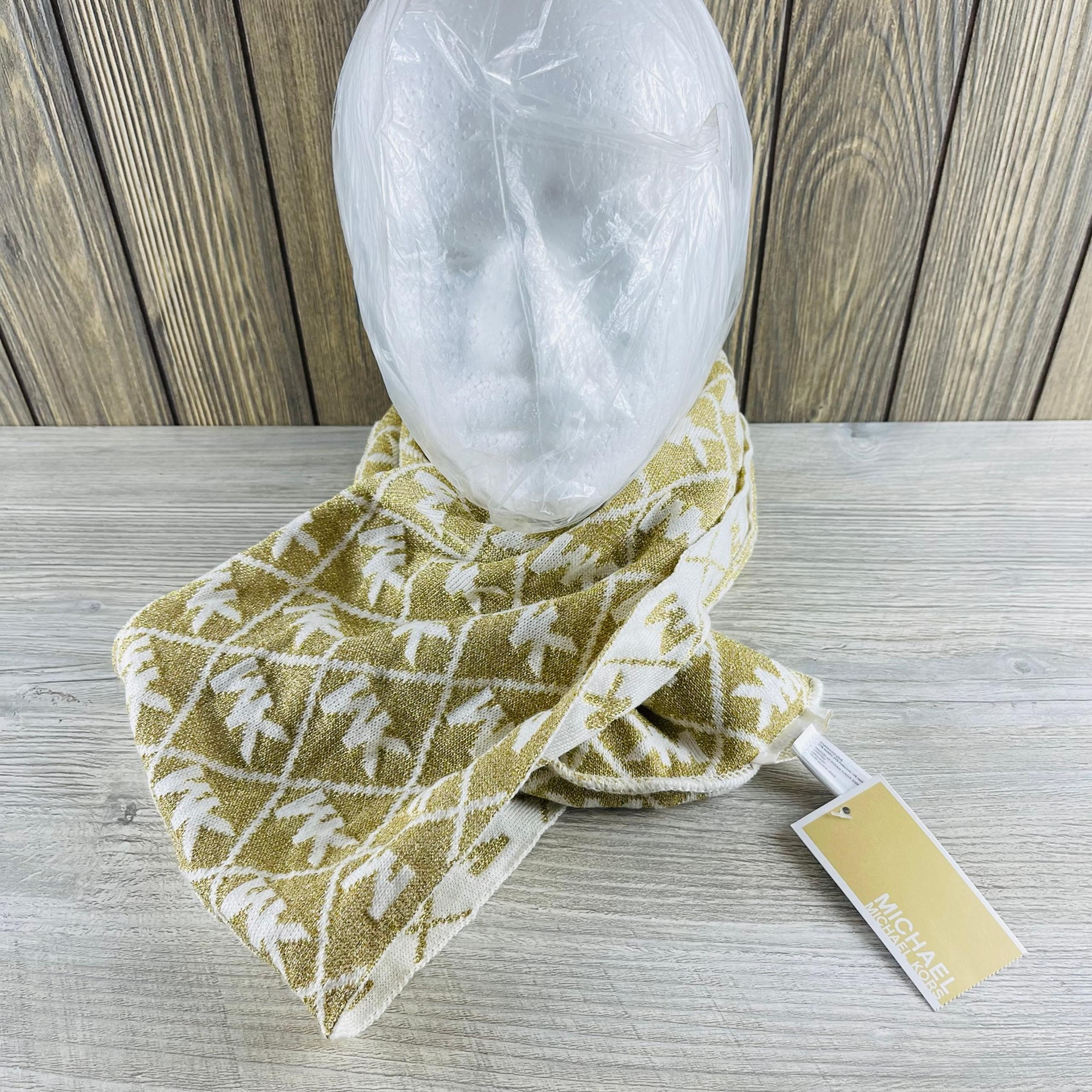 Michael Kors Reversible Infinity Scarf Tan And Glitter Gold MK Logo NEW