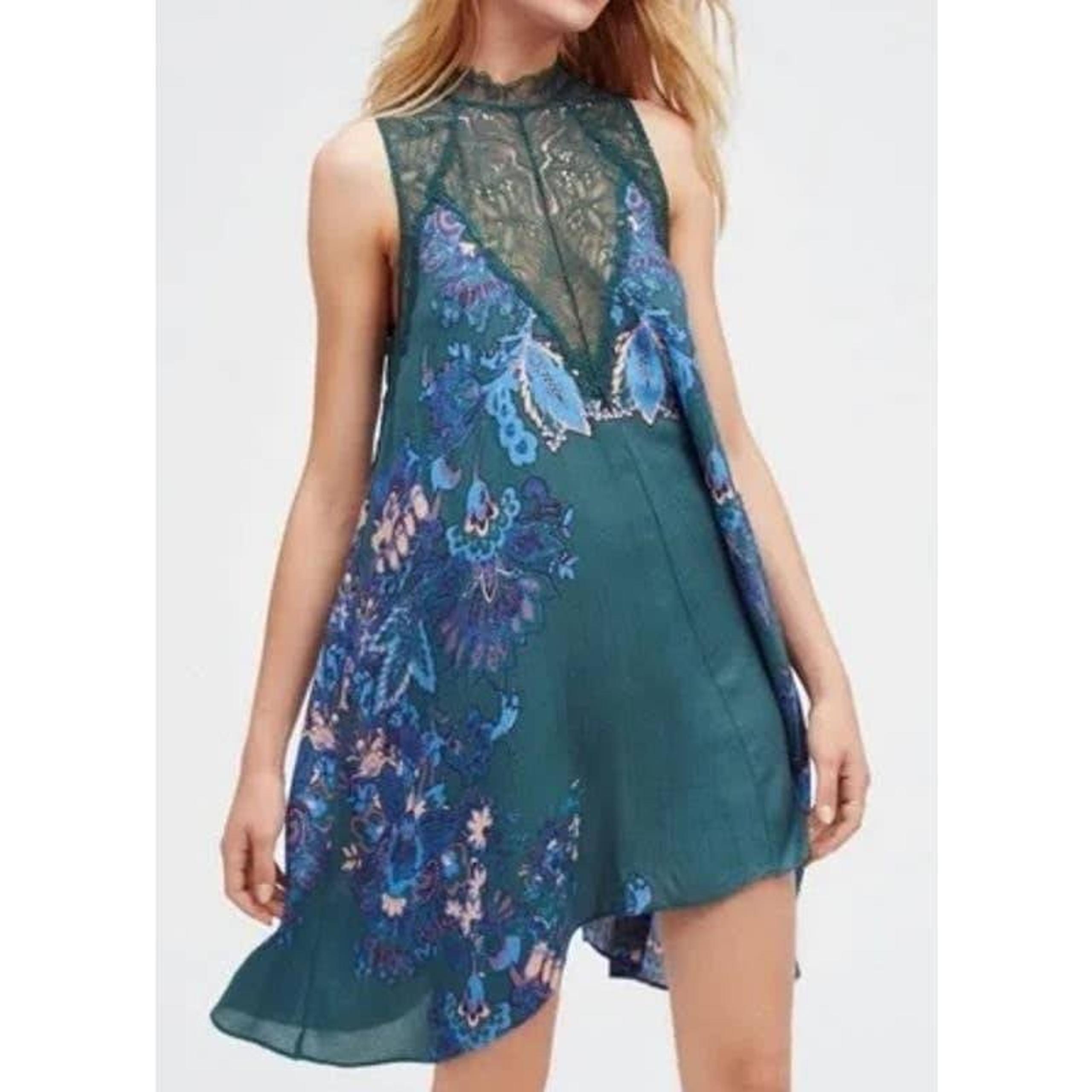 Intimately Free People Marsha Printed Slip Trapeze Dress Lace Swing Boho Teal Sm