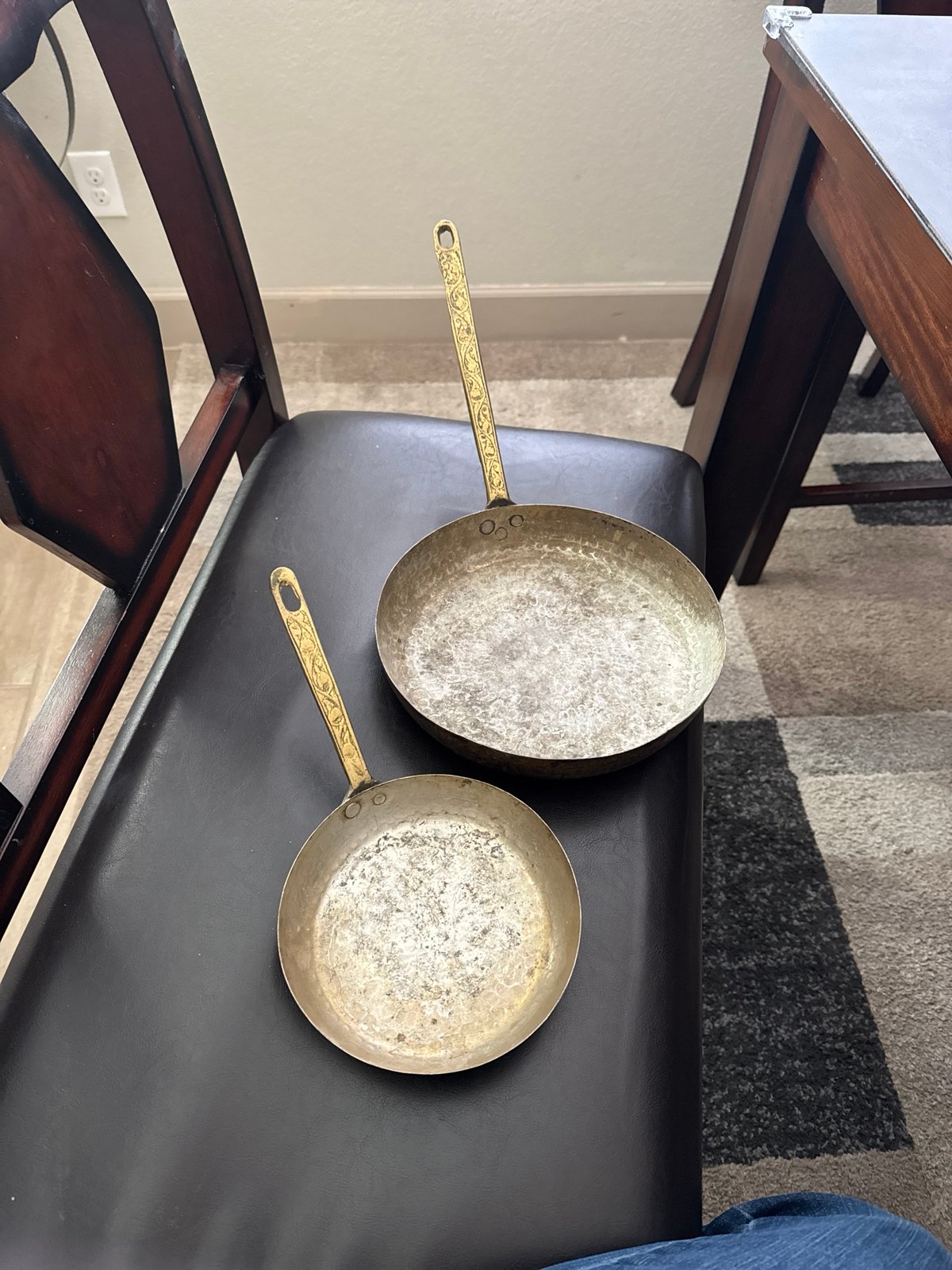 Primitive Antique French Hammered Copper Frying Pans w/ Ornate Brass hd 10”&7