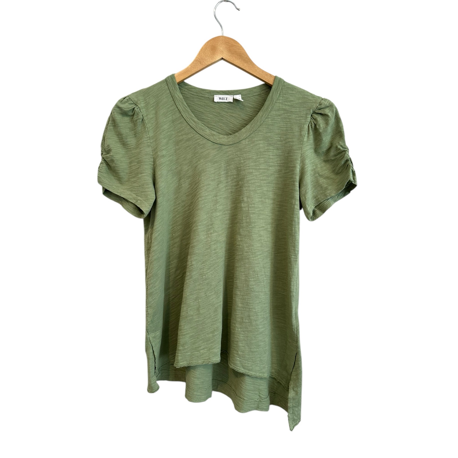 NEW Wilt Cotton Short Ruched Sleeve Asymmetrical Round V Neck Heather Green Tee
