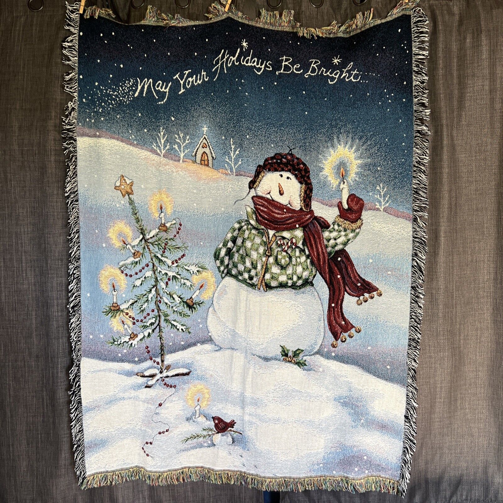 May Your Holidays Be Bright Snowman Winter Tapestry Afghan Fringe Throw Blanket