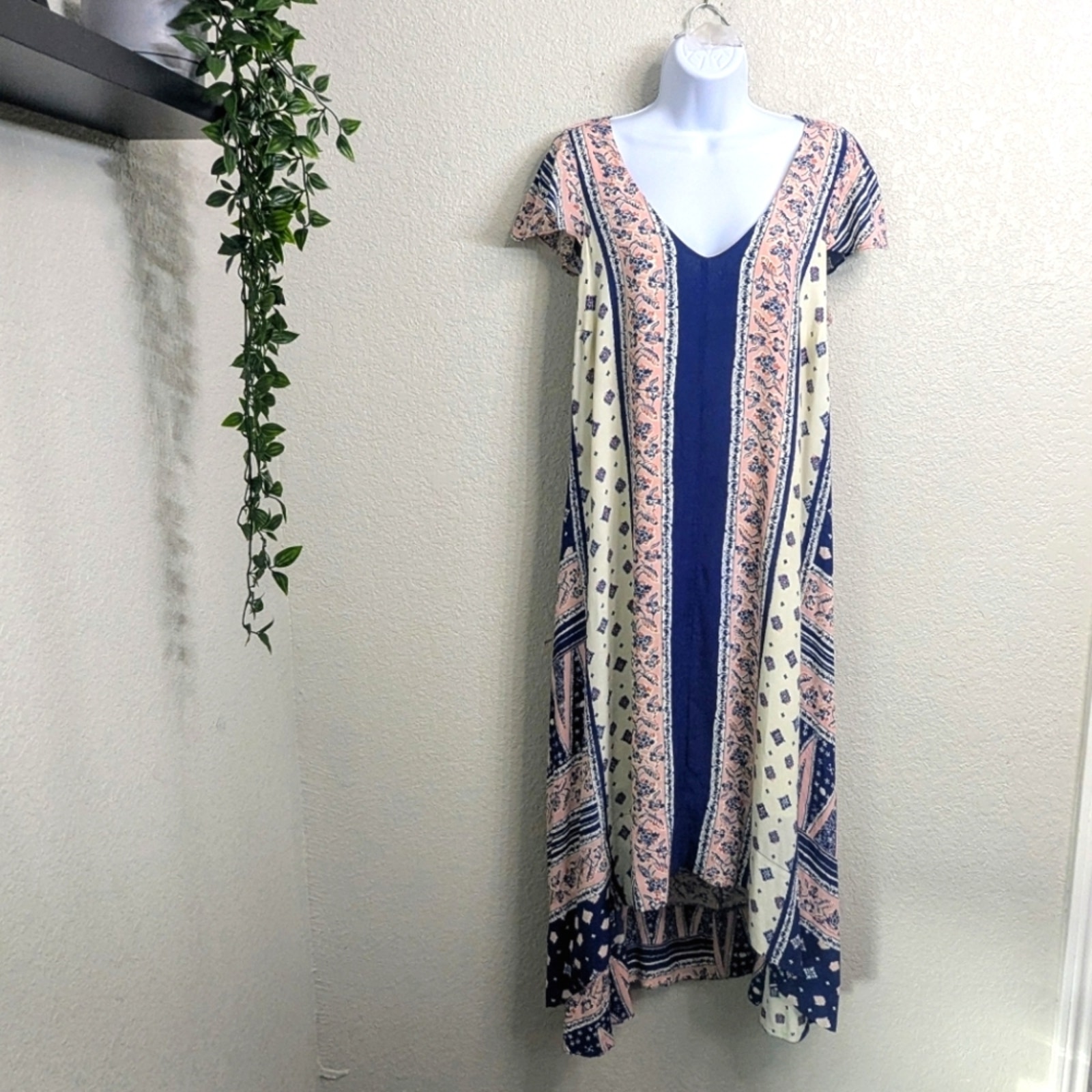 Maeve By Anthropology High Low Swing Midi Dress Blue Pink Patchwork Cap Sleeve M