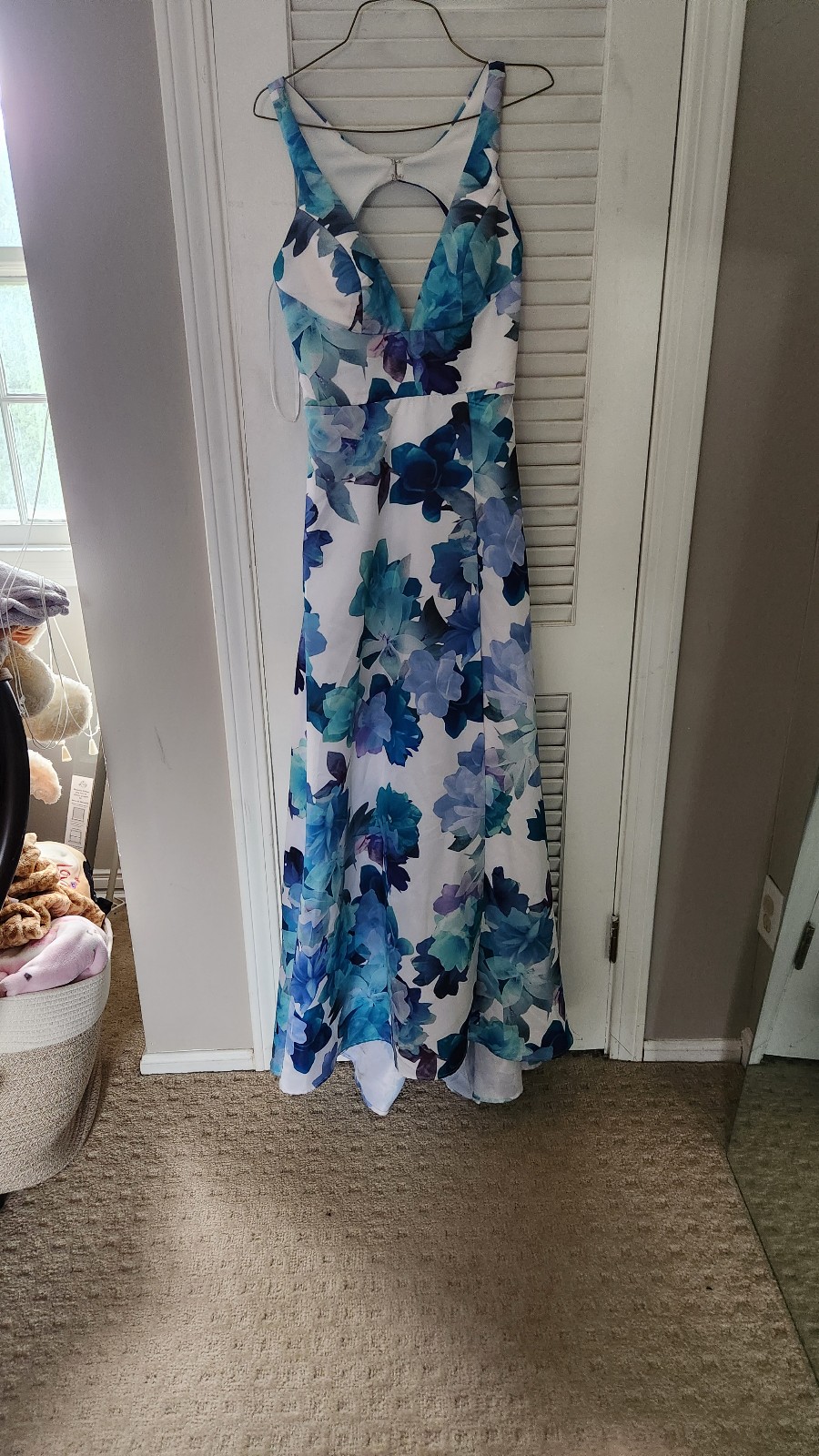 NWT JUMP Floral Blue Deep V Neck Maxi Dress Gown wedding formal pockets small