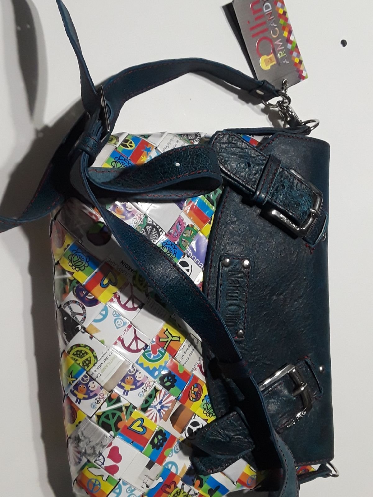 Rollin Arm Candy Crossbody Bag Upcycled Peace Sign Print Buckle Accent