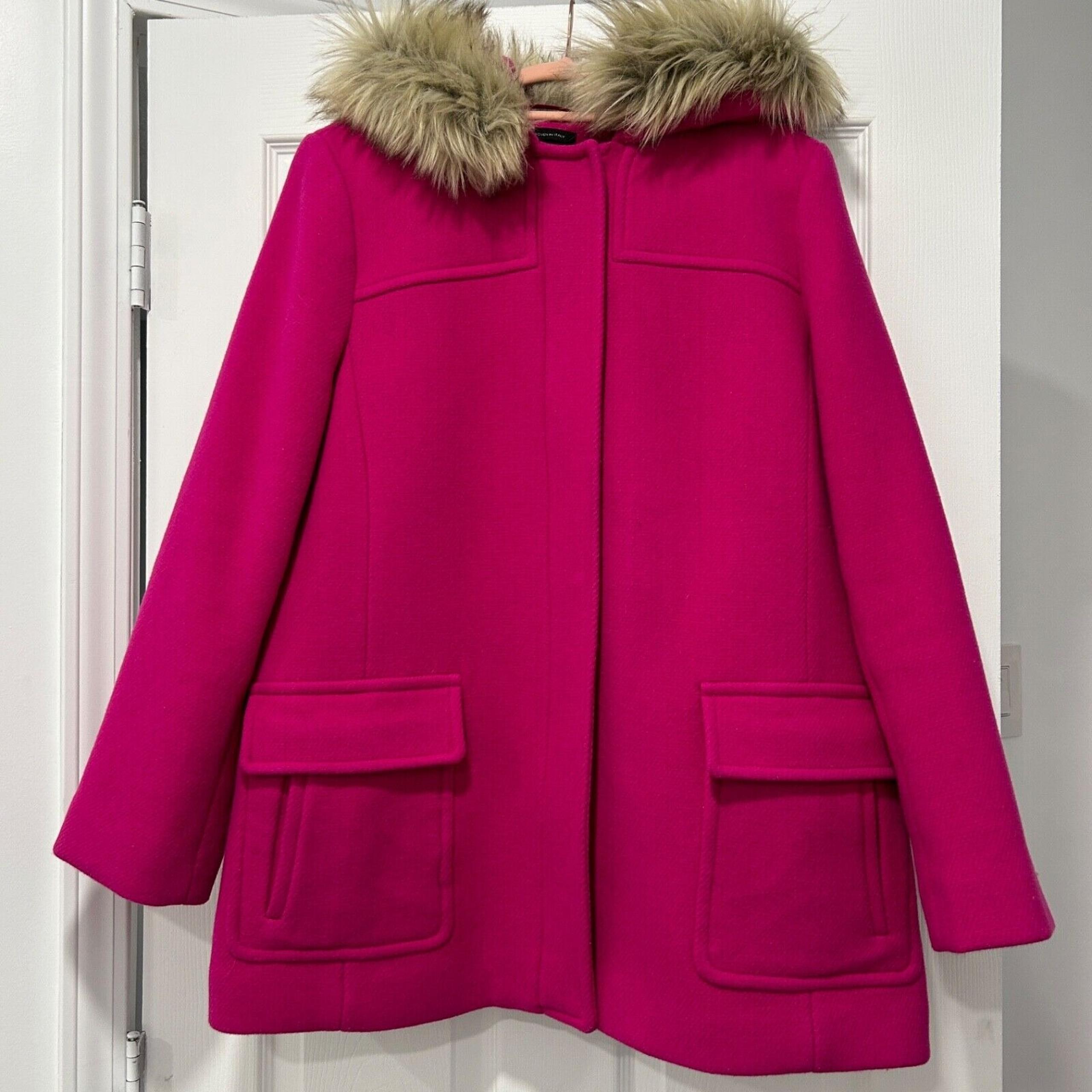 Talbots Albury wool blend faux fur hooded pea coat womens size 12 pink
