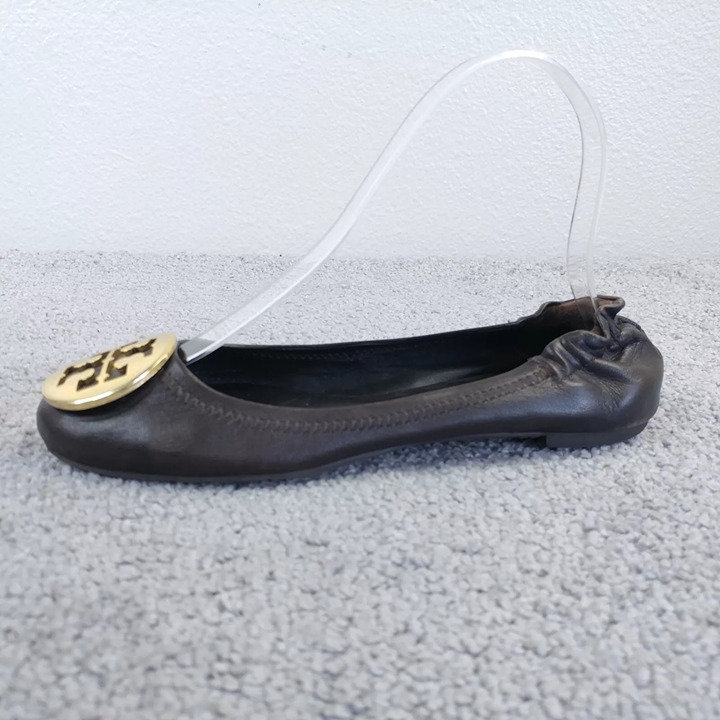 Tory Burch Reva Ballet Flats Womens Size 5.5 Shoes Gold Logo Dark Brown Leather
