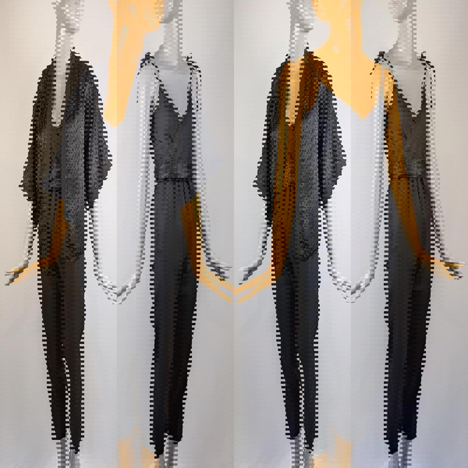 1970's black disco vintage Jumpsuit and kimono jacket set by Charlie California